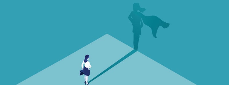 woman in tech graphic - her shadow has a cape like a superhero