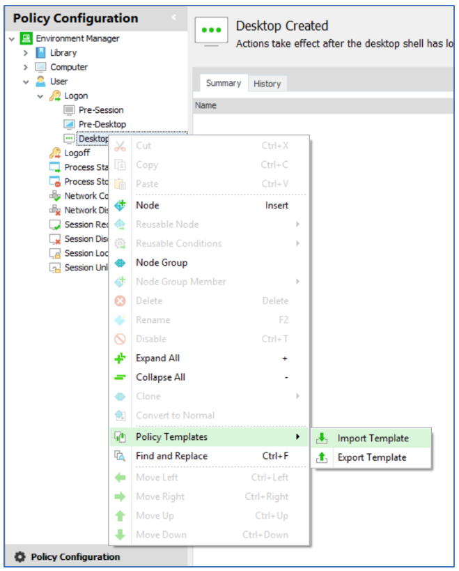 policy configuration - environment manager - desktop created - policy templates screenshot