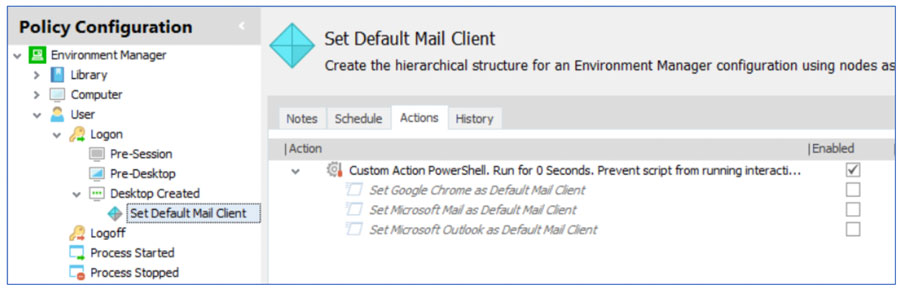 policy configuration - environment manager - set default mail client - actions screenshot