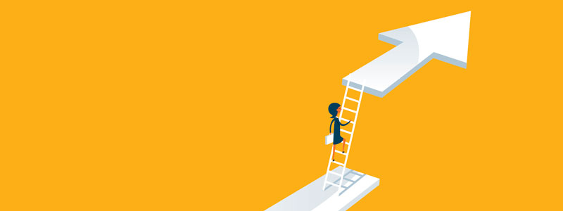 business woman climbing ladder w arrow graphic at top of ladder - yellow background
