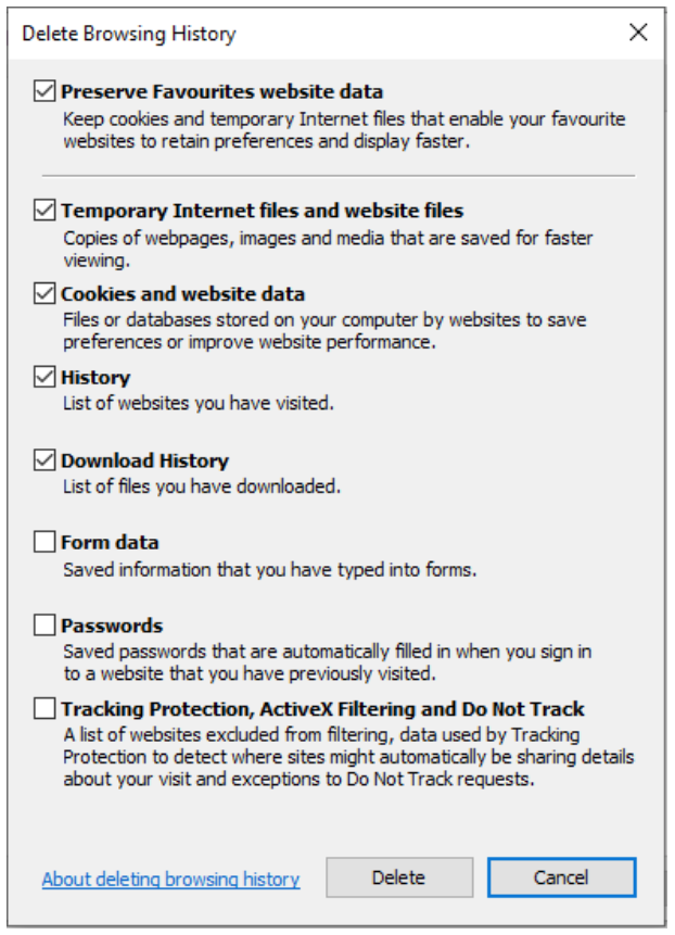 window to delete browsing history