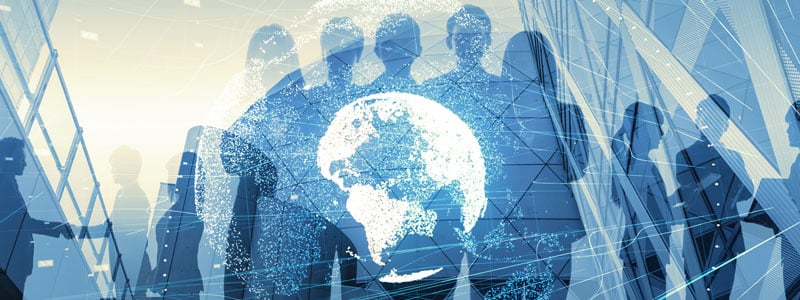 illustration of people standing together overlayed with a globe