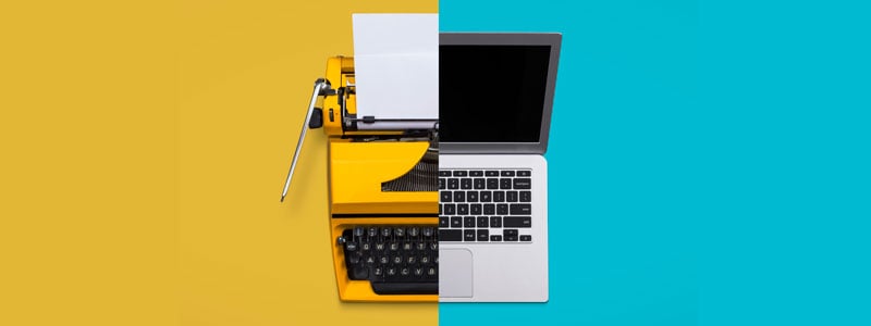 split screen of laptop and typewriter