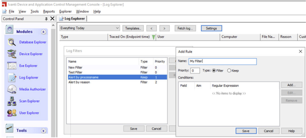 application control management - log explorer