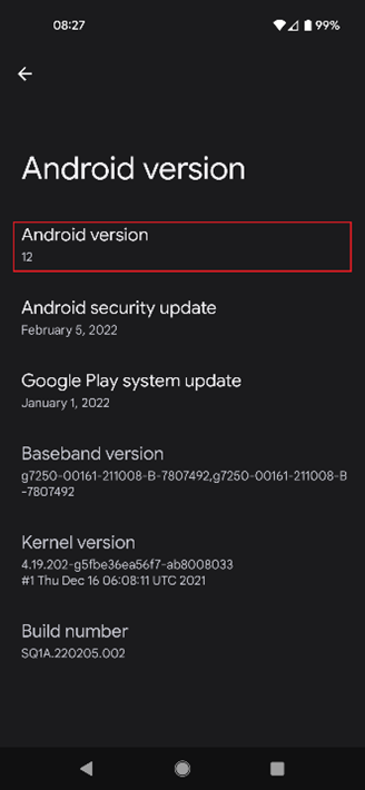 Android device showing "Android version" screen