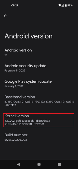 Android device showing the kernel version on the "Android version" screen