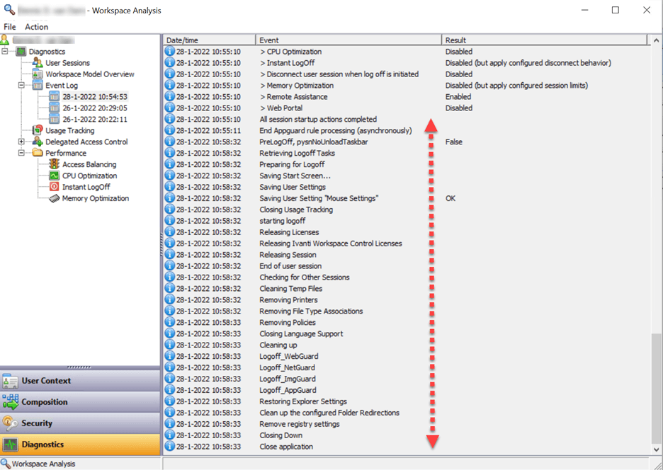 Logoff events in user event log in Ivanti Workspace Control