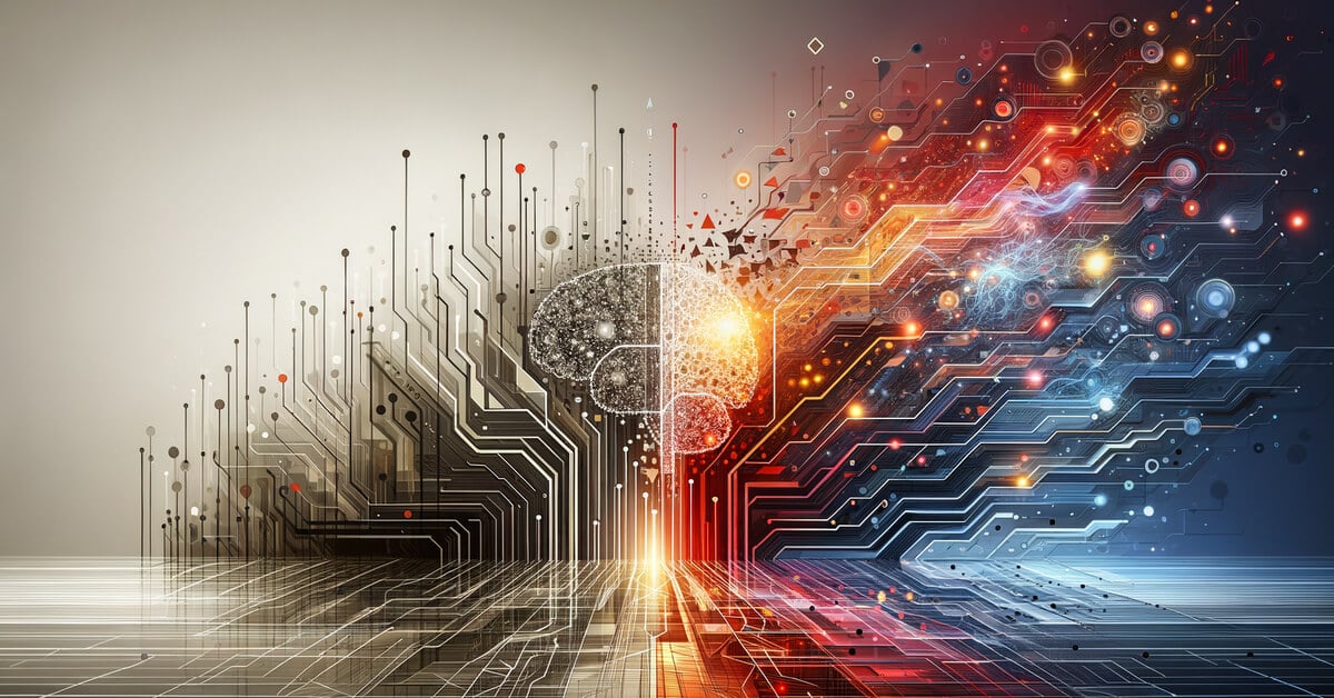 2D rendition of a brain, where the left half is covered in simple light and dark cybernetic grid lines, and the right half is covered in fiery and more colorful cybernetic grid lines.