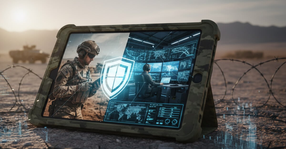Military-grade tablet displaying split-screen images of a soldier in desert camouflage gear holding a device on the left, and a cybersecurity analyst monitoring multiple digital maps and data screens.