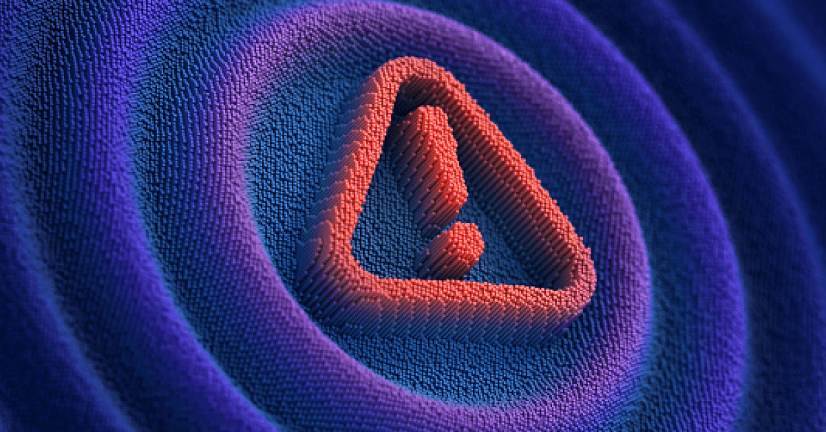 Red triangular warning symbol with an exclamation mark in the center, formed by thousands of small 3D blocks. The symbol is surrounded by concentric ripples in shades of blue and purple.