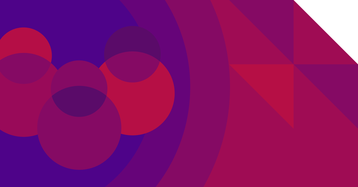 Overlapping circles in shades of purple and red are arranged against a purple and magenta background with geometric shapes and diagonal lines, creating a bold abstract design.
