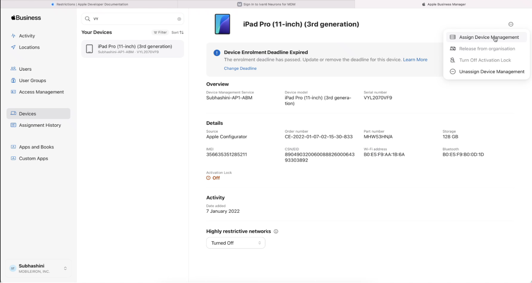 Device Migration via the ABM console screenshot