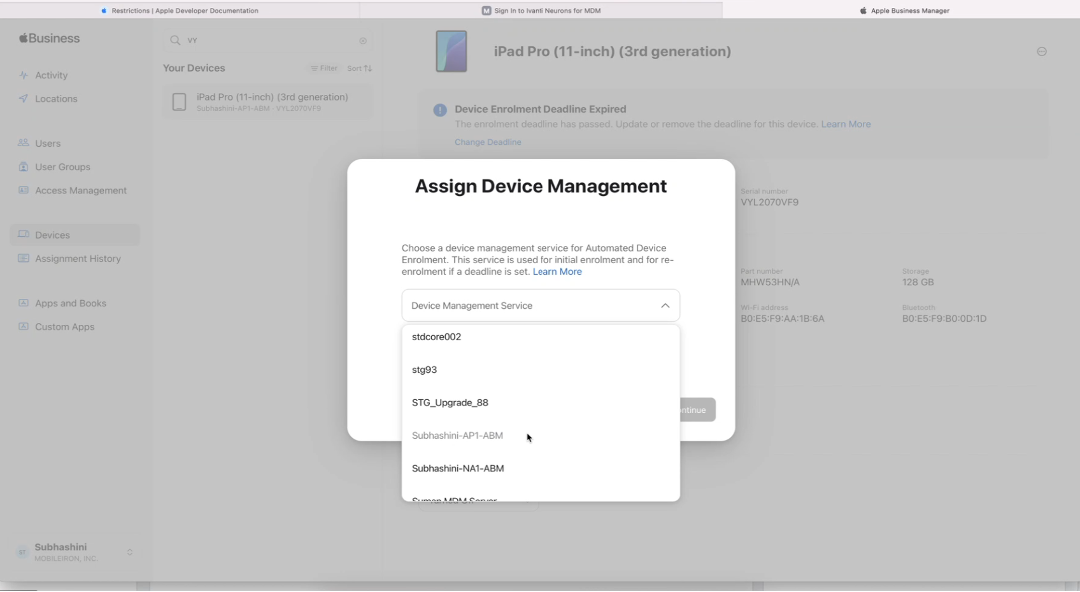 Device Migration via the ABM console screenshot
