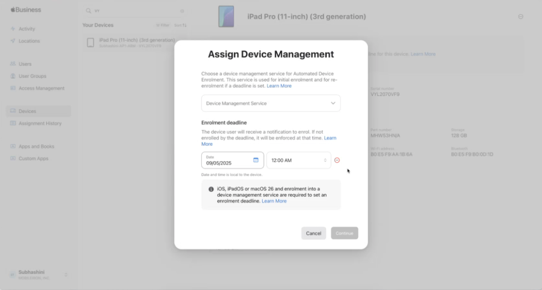 Device Migration via the ABM console screenshot