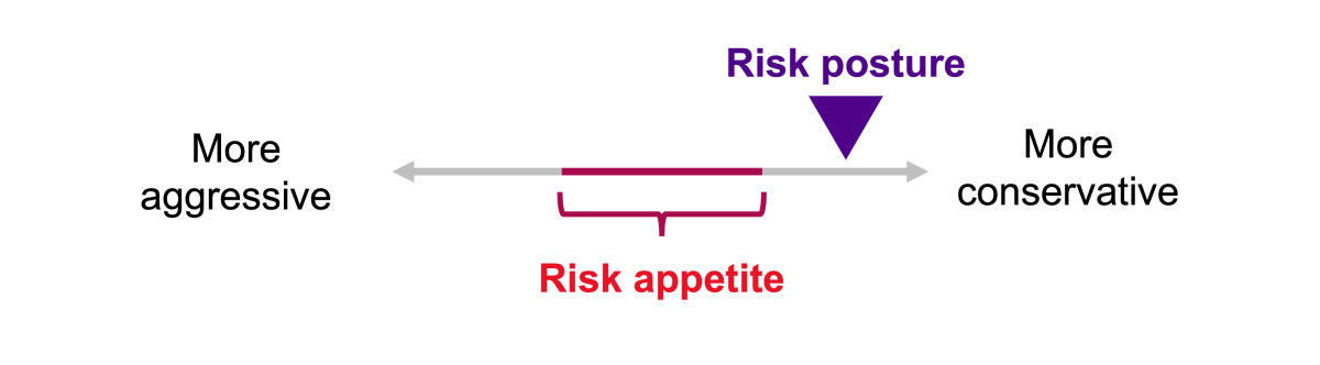 A horizontal gray arrow from “More aggressive” (left) to “More conservative” (right); a bracketed magenta segment labeled “Risk appetite,” with a purple triangle above the right side labeled “Risk posture.”