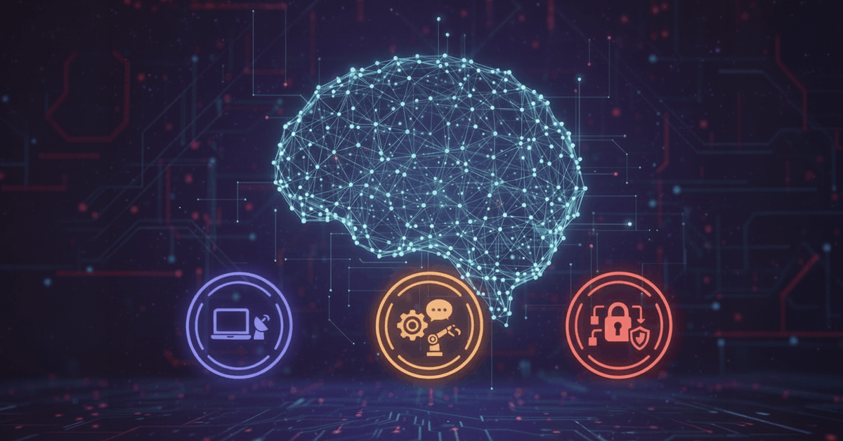 A digital illustration features a glowing network in the shape of a human brain, symbolizing artificial intelligence or machine learning. Below the brain are three circular icons.