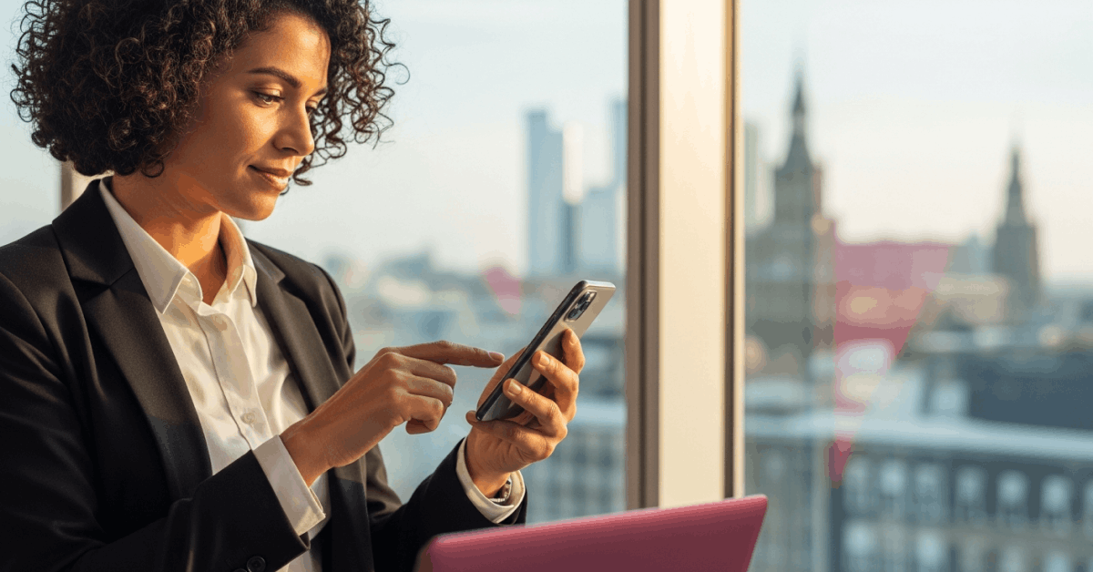 A woman wearing a business suit and white shirt is standing indoors in front of a large window with a cityscape in the background. She is holding a smartphone.