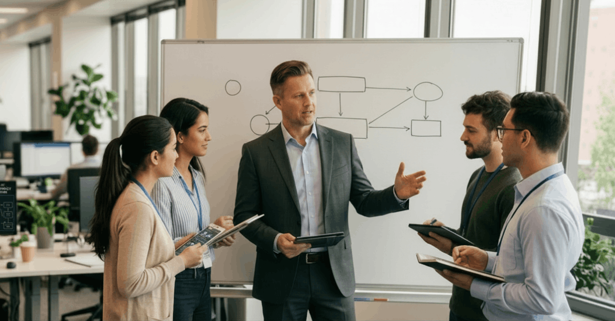 A group of people standing in front of a whiteboard in an office. The whiteboard displays a flowchart with rectangles and arrows.