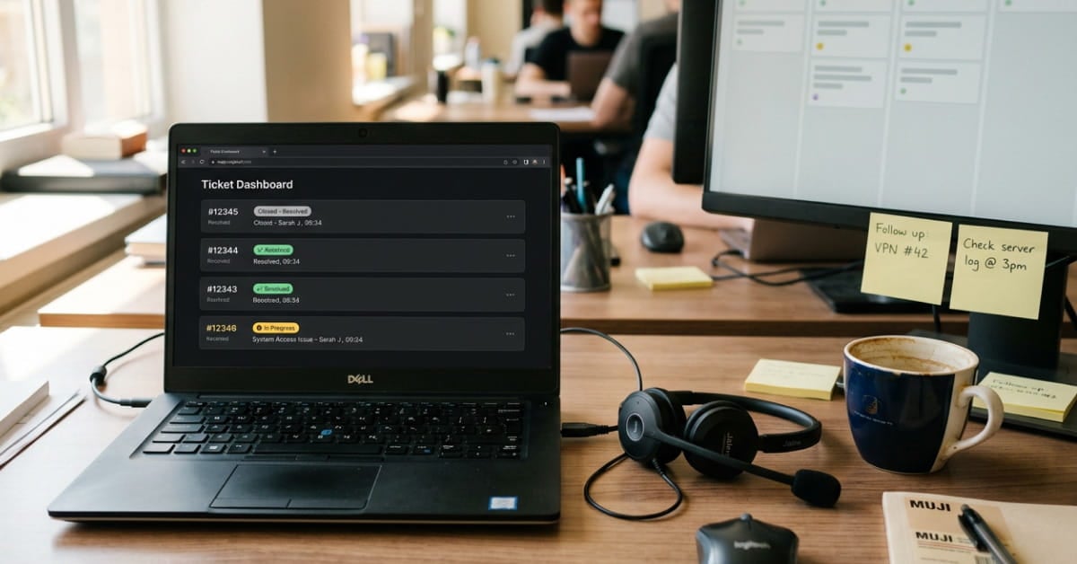 A laptop displays a ticket dashboard on an office desk with a headset, coffee mug, sticky notes, and computer monitor in the background.