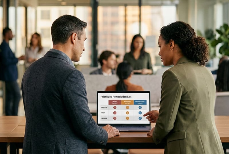 Two people reviewing a laptop in an office, with a screen displaying a “Prioritized Remediation List” chart showing vulnerability levels and actions, while others work in the background.