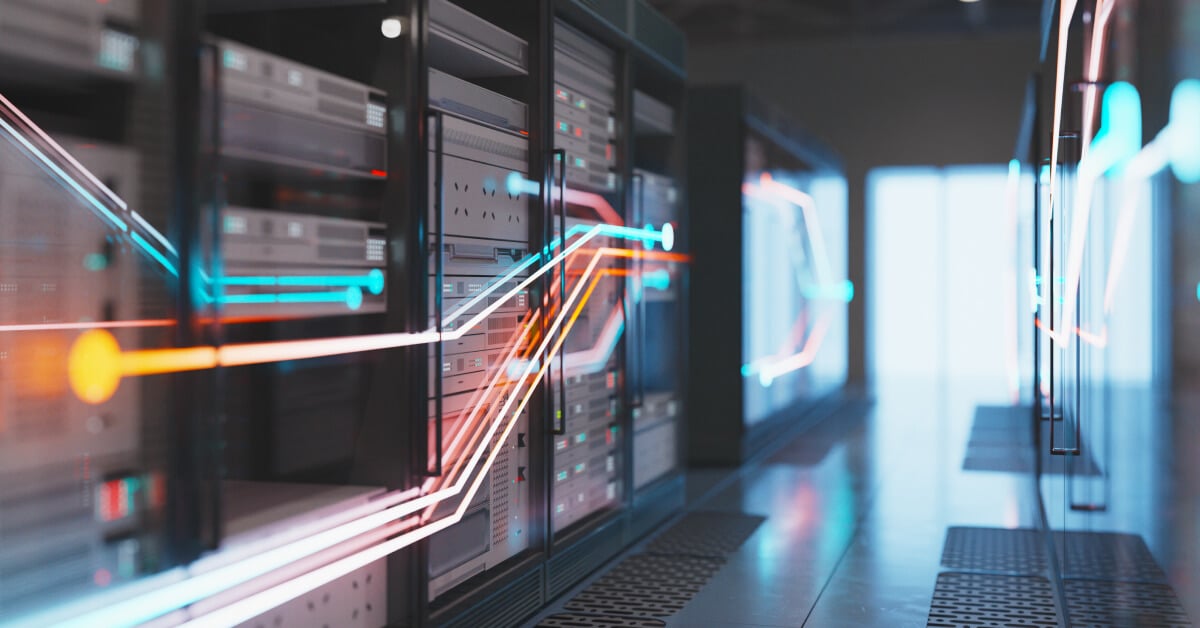 Server room with rows of network racks and glowing data lines visualized as streams of light running between equipment.