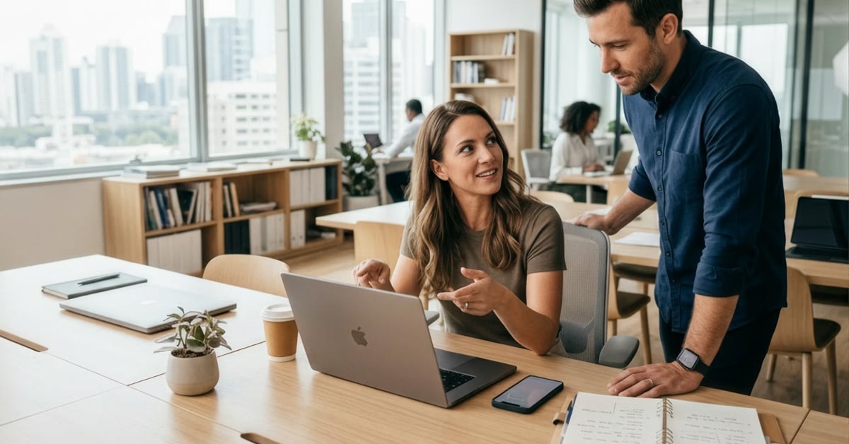 Two office workers collaborate at a laptop in a modern open-plan office, with desks, notebooks, coffee cups, and large windows overlooking a city skyline in the background.
