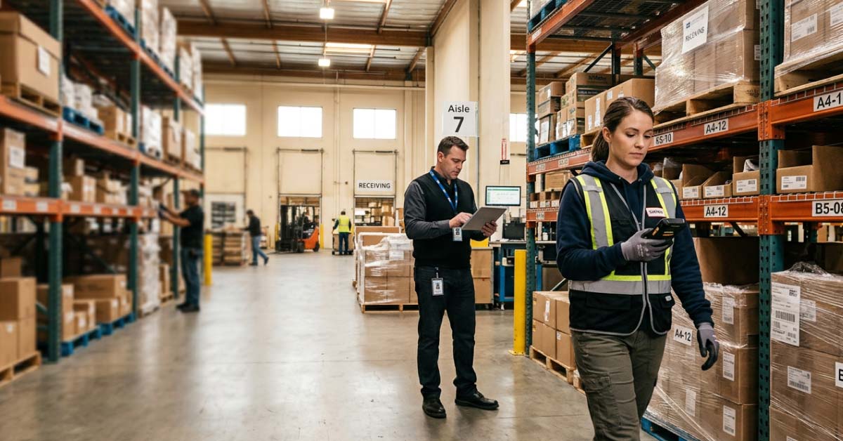 Industrial mobile browser running on a rugged handheld device displaying a modern warehouse management dashboard with inventory and pick-list data.
