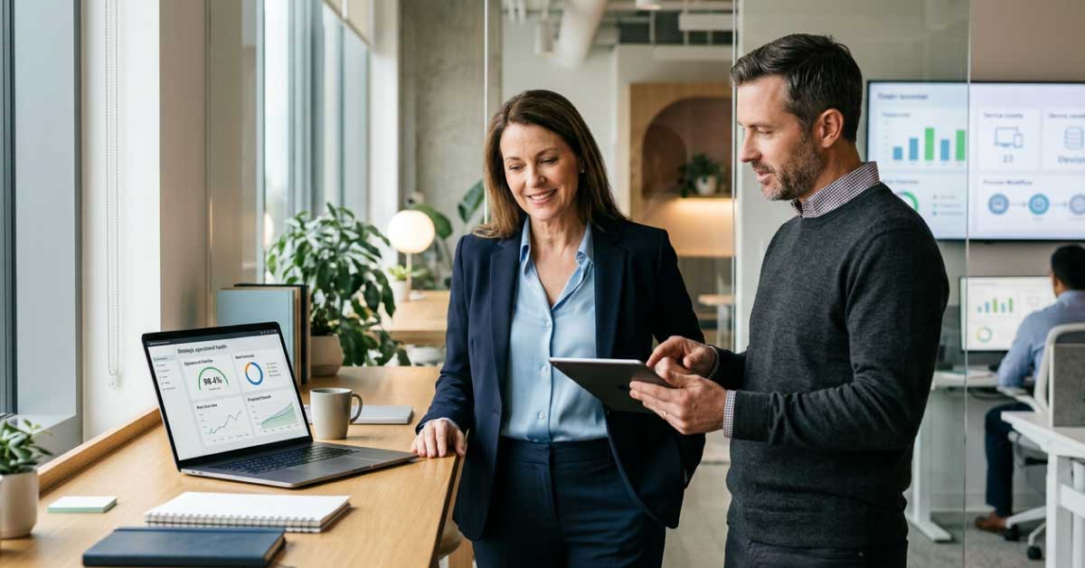 Two colleagues reviewing data on a tablet and laptop in office.