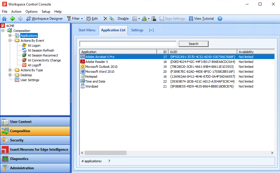 screenshot: workspace control console - application list