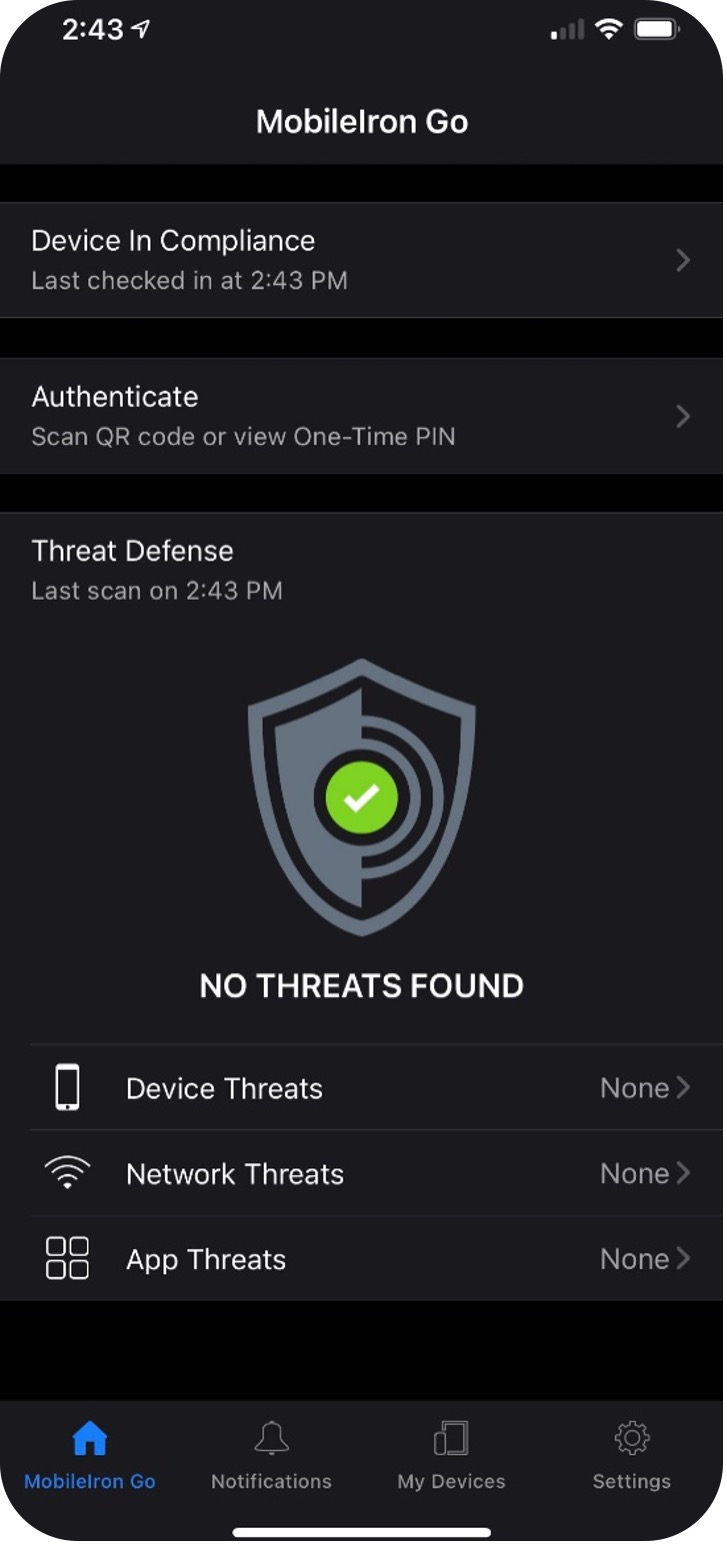 mobile device showing mobileiron no threats found