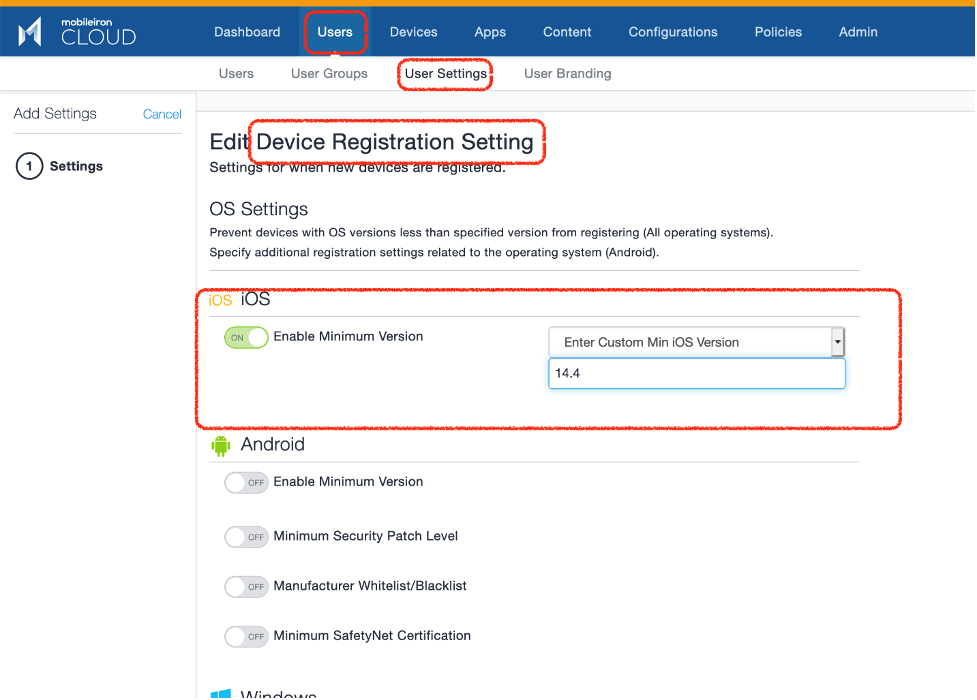 mobileiron cloud - edit device registration settings