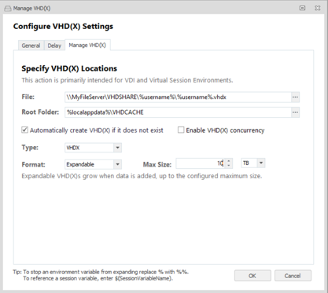 screenshot: configure vhdx settings