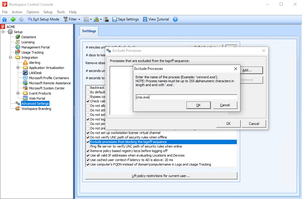 workspace control console - advanced settings