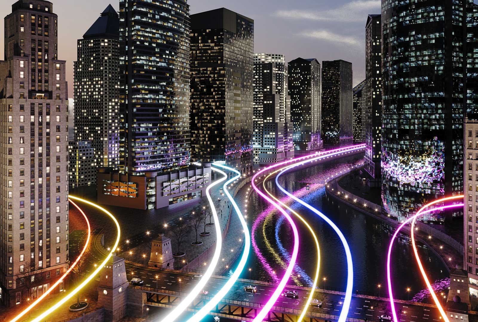 Neon lights streaking through a cityscape