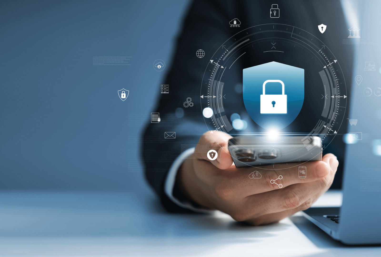 Hologram of a lock icon floating above a smartphone held by a person.