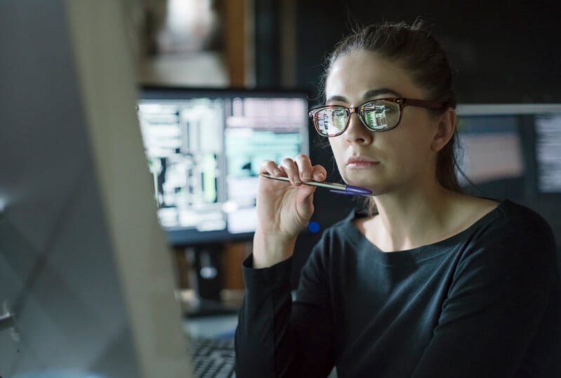 Woman looking intently at a computer monitor.
