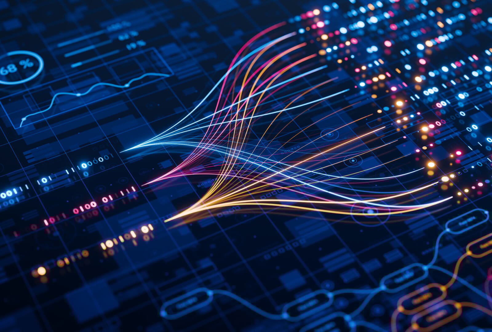 Digital lines flowing through a circuitboard.