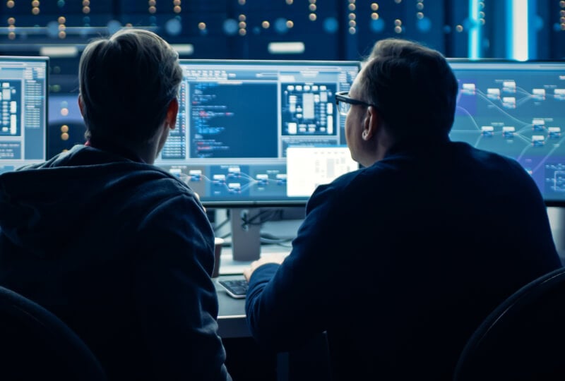 Man and woman in lab coats interacting with a tablet computer.
