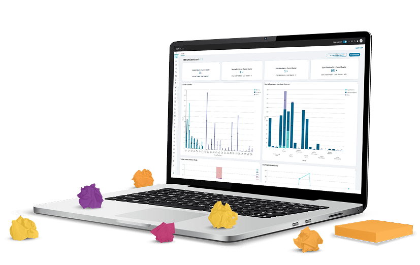 Laptop with crumpled up sticky notes sitting on various spots on the keyboard.