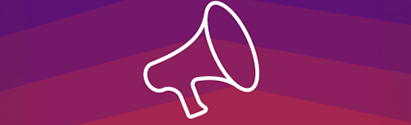 A simple white megaphone icon is centered on a background featuring layered shades of purple and red, creating a geometric pattern.