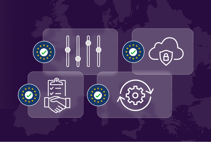 A graphic with four translucent boxes on a purple map background displays white line icons representing sliders, a secure cloud, a handshake with checklist, and a gear with arrows. Each box has a circular badge with an EU flag and a check mark, indicating compliance or approval.