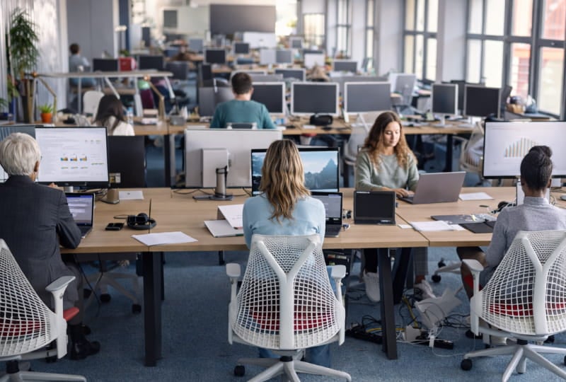 Several people working in a modern open office space. They are seated at long desks with computers, laptops, and monitors. The office is spacious, well-lit with large windows, and filled with various employees focused on their work.