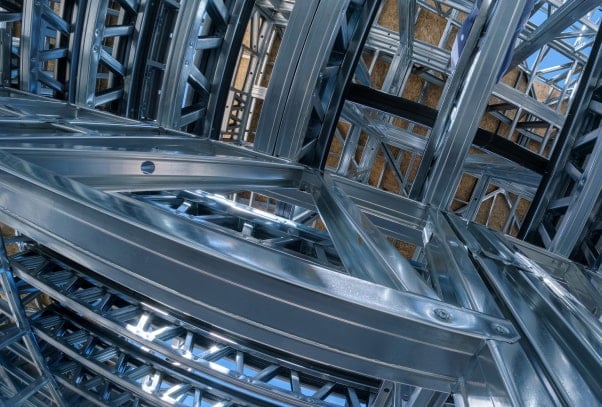 Close-up view of interconnected metal structural beams