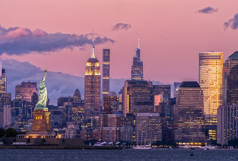 image of the new york skyline with the statue of liberty