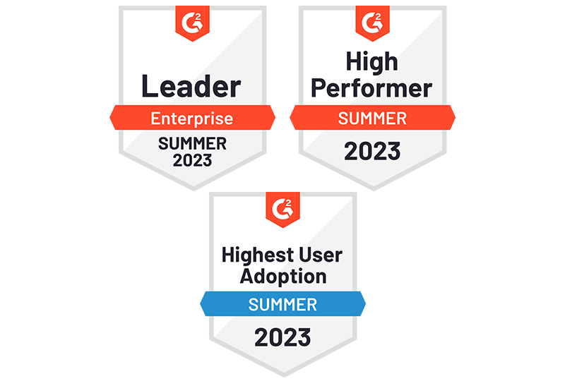 G2 Badges - Summer 2023 - Leader, High Performer, Highest User Adoption