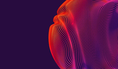 密集した点で構成された抽象的な波が、流れるような3Dサーフェスを形成し、濃い紫の背景の上で明るい赤とオレンジからマゼンタへと色が変化している。
