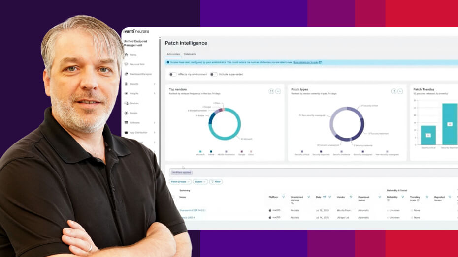 Ivanti's VP of product management Chris Goettl posing in front of a dashboard graphic.