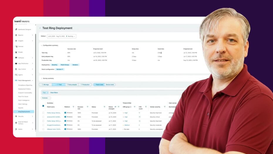 Ivanti's VP of product management Chris Goettl posing in front of a dashboard graphic.