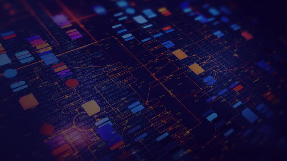 Graphic of multi-colored network grid lines and shapes