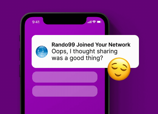 "joined network" device notification icon floating in front of an iPhone.